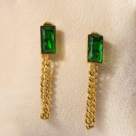 Green Emerald Elegance Stainless Steel Chain Earrings