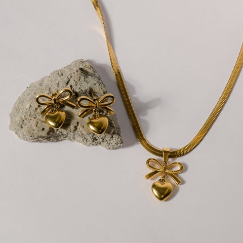 Bowed Bliss Gold Necklace & Earrings Set